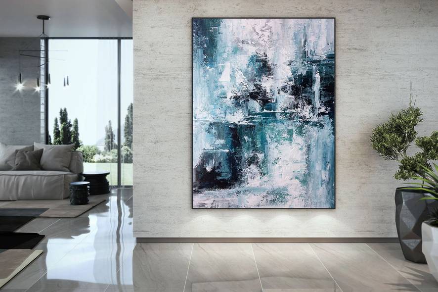 Bedroom Handmade Original Blue Painting White Abstract Canvas Wall Art BQR5H